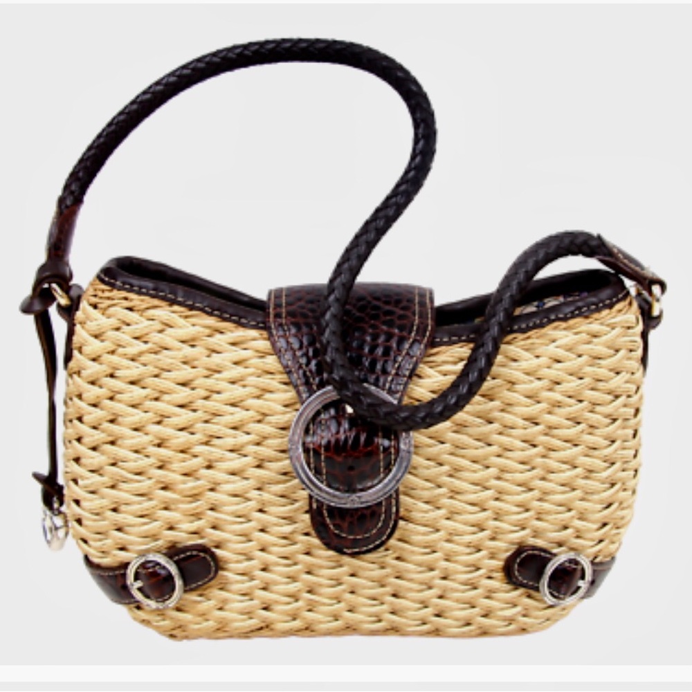 VINTAGE BRIGHTON BEIGE NATURAL STRAW BROWN REAL LEATHER TRIM PURSE SHOULDER BAG